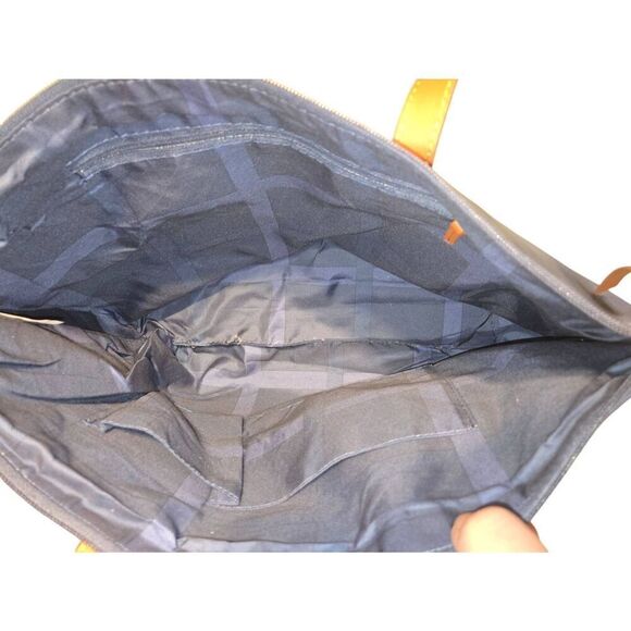 Joy Mangano Womens Navy/Brown Leather Pebbled Large Tote Bag - Picture 4 of 8